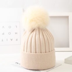 Boys And Girls Woolen Fox Fur Ball Knit Hat - Beige, Child