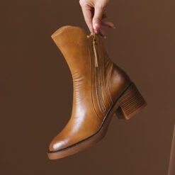 Thick Heel Brown Ankle Boots British Style Handsome - Brown, 35