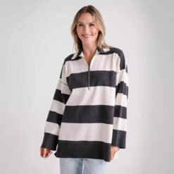 Women's Half Zip Turtleneck Pullover Long Sleeve - Black And White, XS