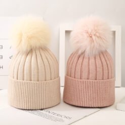 Boys And Girls Woolen Fox Fur Ball Knit Hat