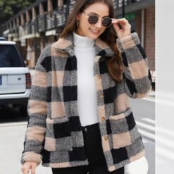 Color-blocked Plaid Jacket Fashion Lapel Pockets Single-breasted Coat Spring Fall Clothing For Women - Khaki, XXL