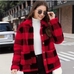 Color-blocked Plaid Jacket Fashion Lapel Pockets Single-breasted Coat Spring Fall Clothing For Women - Red, XXL