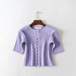 Purple Pearl Button Cropped Short-Sleeved Sweater Women's Summer Korean Style Slim Fit - Purple, S