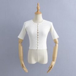 Purple Pearl Button Cropped Short-Sleeved Sweater Women's Summer Korean Style Slim Fit - White, M