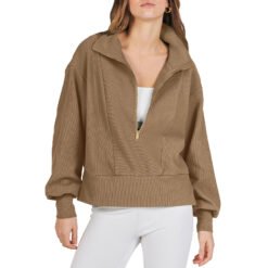 Women's Half-zip Pullover Long-sleeved Sweatshirt - Khaki, S