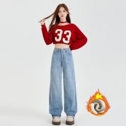 Vintage Blue High Waist Velvet Padded Straight Jeans - Light Blue Trousers Thick, M