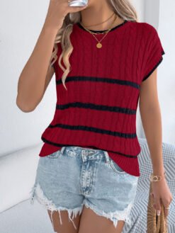 Women   Stripe Cable Knit Casual Loose Knit Vacation Top - Red, S