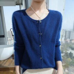 Womens Loose Button-up Solid-color Cropped Sweater With A Crew Neck - Seaweed Blue, L