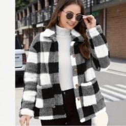 Color-blocked Plaid Jacket Fashion Lapel Pockets Single-breasted Coat Spring Fall Clothing For Women - Black, 5XL