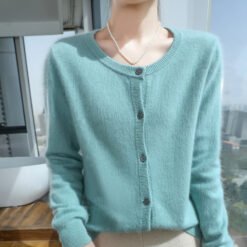 Womens Loose Button-up Solid-color Cropped Sweater With A Crew Neck - Mint Green, L