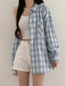 Alternative view of Blue Plaid Shirt For Women Loose Long Sleeve Jacket