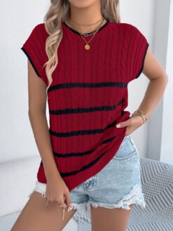 Womens Striped Cable-Knit Casual Loose Knit Top For Vacation - Wine Red, S