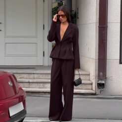 Autumn Workplace Brown Waist-cinching Suit And Trousers Set - Dark Brown, M