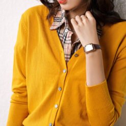 Knitted Cardigan Long Sleeve Button V-neck Cropped Sweater Coat - Ginger, XL