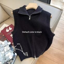 Casual Solid-Color Loose-Fit Zippered Knitted Vest For Layering - Brown, M