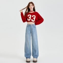 Vintage Blue High Waist Velvet Padded Straight Jeans - Light Blue Cropped Thin, S