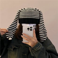 Cute Rabbit Ears Knitted Striped Pullover Wool Knit Hat Shopping Warm Beanie Hat