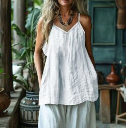 Women's Solid Color Cotton Linen Tank Layering Top - White, XL