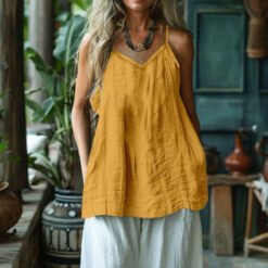 Women's Solid Color Cotton Linen Tank Layering Top - Yellow, 4XL