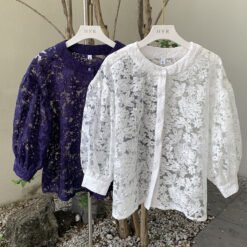 Lantern Sleeve Round Neck Lace Blouse
