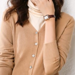 Knitted Cardigan Long Sleeve Button V-neck Cropped Sweater Coat - Camel, L