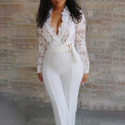 Women's Long Sleeve Lace White Jumpsuit - White, XL