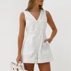 White V-neck Women's Wide Leg Jumpsuit Short - White, L