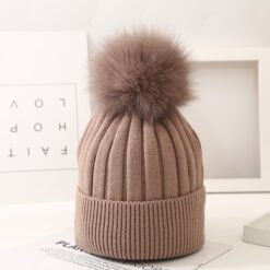 Boys And Girls Woolen Fox Fur Ball Knit Hat - Khaki, Child