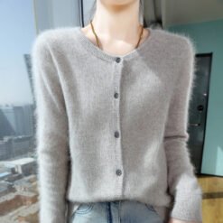 Alternative view of Womens Loose Button-up Solid-color Cropped Sweater With A Crew Neck