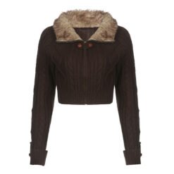 Wool Collar Knit Zipper Casual Top - Brown, S
