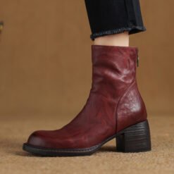 French-Style Retro Brown Round-Toe Ankle Boots - Red With Velvet Lining, 38