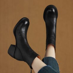 French-Style Retro Brown Round-Toe Ankle Boots - Black Single Liner, 39