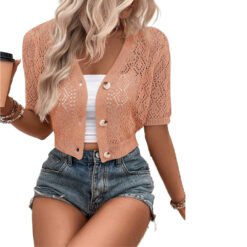 Alternative view of Front Button Pointelle Knitted Cropped Cardigan Sweater