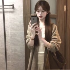 Korean-style Cozy Oatmeal-colored Knit Cardigan For Women - Oatmeal Color, L