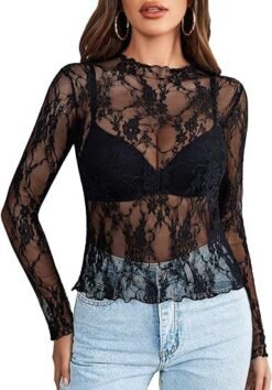 Women's Lace Blouse Long Sleeve Transparent Shirt - 1 Black, XXL