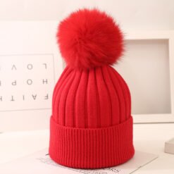 Boys And Girls Woolen Fox Fur Ball Knit Hat - Red, Child