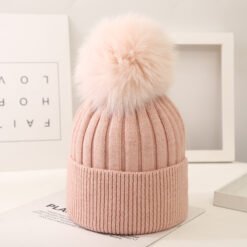 Boys And Girls Woolen Fox Fur Ball Knit Hat - Light pink, Child