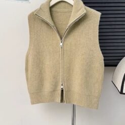 Casual Solid-Color Loose-Fit Zippered Knitted Vest For Layering - Khaki, M