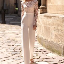 White Lace Stitching Jumpsuit High Waist Long Sleeves Jumpsuit