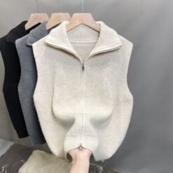 Casual Solid-Color Loose-Fit Zippered Knitted Vest For Layering - White, M