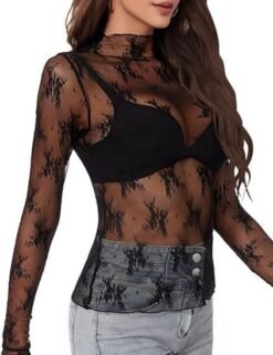 Women's Lace Blouse Long Sleeve Transparent Shirt - Black 2, M