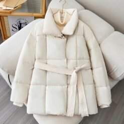 Warm Lapel Plaid Coat With Belt Design Fashion Casual Thick Jacket Fall And Winter Women's Clothing - White, L