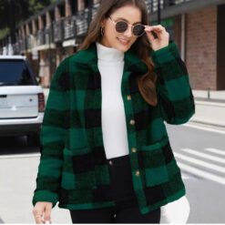 Color-blocked Plaid Jacket Fashion Lapel Pockets Single-breasted Coat Spring Fall Clothing For Women - Green, 5XL