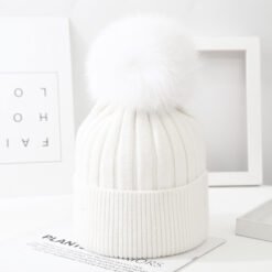 Boys And Girls Woolen Fox Fur Ball Knit Hat - White, M