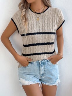 Women   Stripe Cable Knit Casual Loose Knit Vacation Top - Khaki, Xl