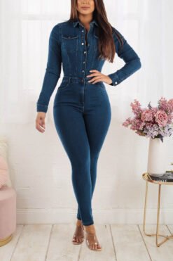 Elastic Ankle Wash Denim Jumpsuit Jumpsuit - Royal Blue, L