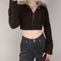 Wool Collar Knit Zipper Casual Top