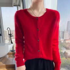 Womens Loose Button-up Solid-color Cropped Sweater With A Crew Neck - Chinese Red, L