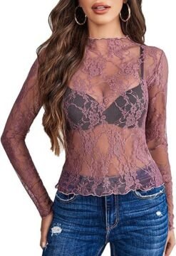 Women's Lace Blouse Long Sleeve Transparent Shirt - Rouge Color, S