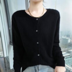 Womens Loose Button-up Solid-color Cropped Sweater With A Crew Neck - Black, S